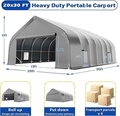 EROMMY 20x30 FT Heavy Duty Durable Carport, Silver Gray, Galvanized Steel Frame Garage Shelter and Outdoor Storage, Waterproof 3-Layer PE Cover, Fits 2 Cars, Boat, Farm Equipment