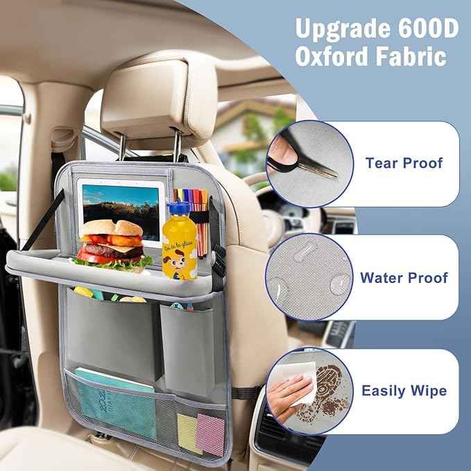 2Pack Car Backseat Organizer with Foldable Table Tray,6 Storage Pockets Car Storage Organizer with Tablet Holder,Car Seat Back Protectors Kick Mats Travel Accessories (Grey)
