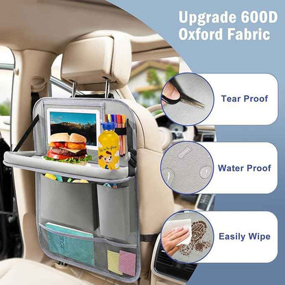 2Pack Car Backseat Organizer with Foldable Table Tray,6 Storage Pockets Car Storage Organizer with Tablet Holder,Car Seat Back Protectors Kick Mats Travel Accessories (Grey)