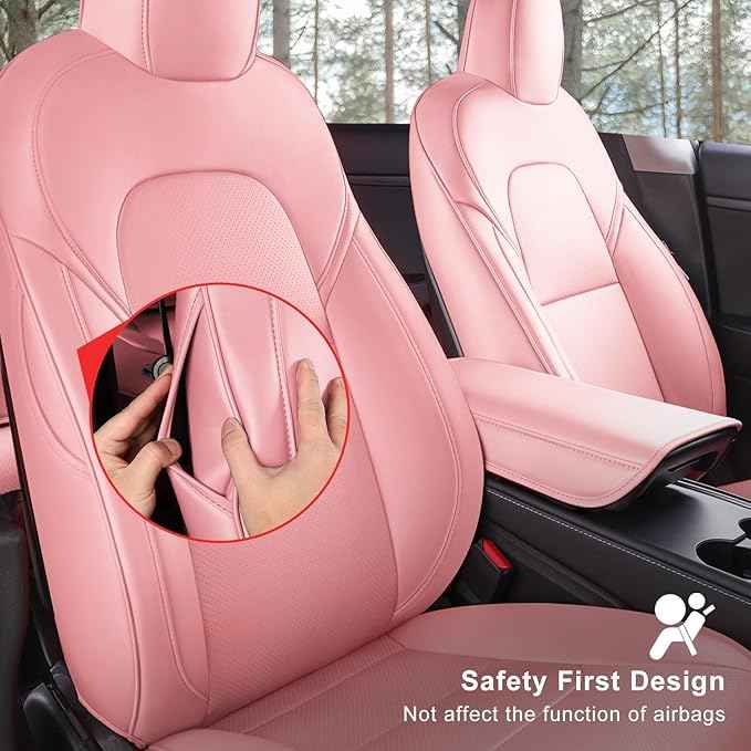 Tesla Model Y Car Seat Covers Nappa Leather Car Interior Seat Airbag Compatible Cushion Cover Full Set Custom Fit 2024 2023 2022 2021 2020, Nappa Pink