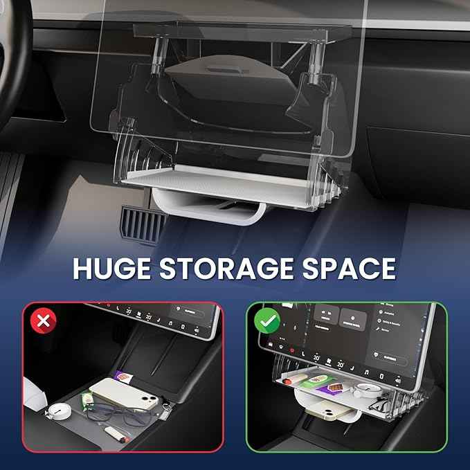 for Tesla Model Y Juniper Under Screen Storage Organizer 2025-2026/Model 3 Highland 2024-2026, Hideable Center Console Organizer Tray for Tesla Model Y Juniper Accessories, White