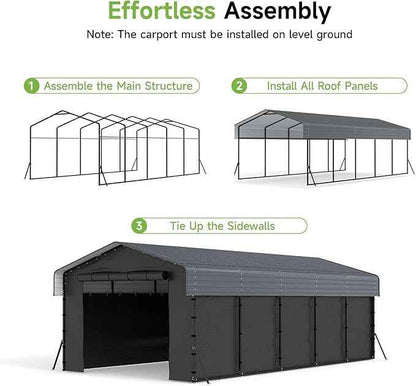 13x26FT Heavy Duty Metal Carport,Outdoor Garage with Removable Sidewalls & Doors, Heavy Duty Steel Frame and Galvanized Roof for Cars and Boats, Gray