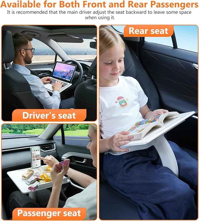 Car Seat Tray Table, Adjustable Travel Tray for Kids/Adults, Car Lap Desk for Laptop Computer Tablet Book, Front Passenger/Rear/Driver Seat Food Eating, Essentials Accessories for Long Trips