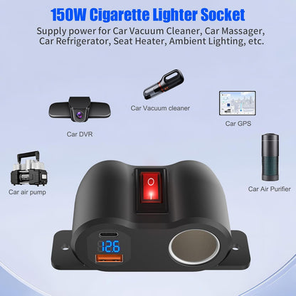 2-in-1 Surface Mount 12V USB Outlet Cigarette Lighter Socket, PD 30W and QC18W Car USB Port Car Charger with Button Switch LED Voltmeter and 120W Socket, Suitable for Cars, Boats, RVs and ATVs