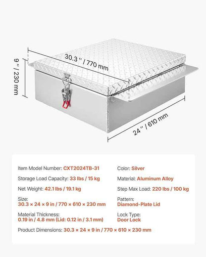 VEVOR Truck Bed Tool Box, Heavy Duty Aluminum Tool Box with Diamond Plate, Storage Toolbox Chest Organizer Supports up to 220 lbs, Ideal for Pickup, Truck Bed, RV, Trailer, 30.3 x 24 x 9 in, Silver