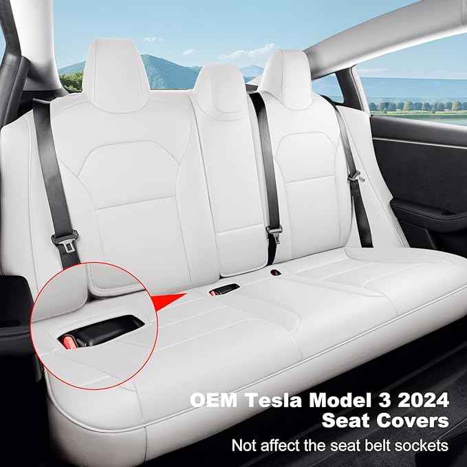 2024-2025 Tesla Model 3 Highland Upgraded Car Seat Covers Nappa Leather Car Interior Airbag Compatible Cushion Cover Full Set Custom Fit Model 3, Organosilicon White