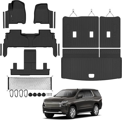 Tongama-Floor Mats for 2021-2026 Chevy Tahoe/GMC Yukon 7 Seats with Bucket Seats, All Weather TPE Trunk Mat & 3rd Row Backrest Mats & Cargo Net & Door Sill Guards for Tahoe Floor Liner Accessories