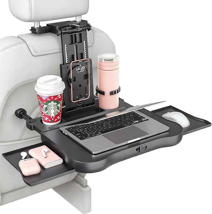 Car Back Seat Tray with Extendable Table, Car Desk for Laptop with Phone Holder, Foldable Trays for Eating & Working, Car Travel Tray Table for Rear Passenger