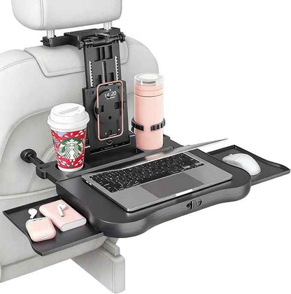Car Back Seat Tray with Extendable Table, Car Desk for Laptop with Phone Holder, Foldable Trays for Eating & Working, Car Travel Tray Table for Rear Passenger