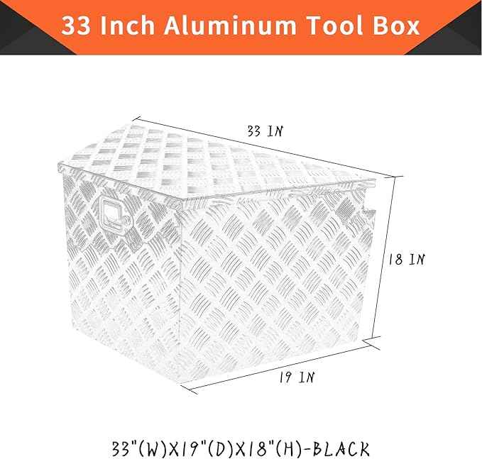 33 Inch Aluminum Trailer Tongue Tool Box 5 Bar Tread Wide Utility ToolBox for Pick Up Truck RV Storage Organizer Tool Box with Lock and Keys - 33"X19"X18" Black