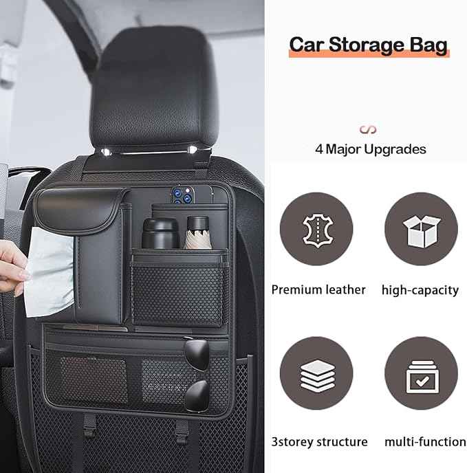 Backseat Car Organizer,5 Storage Pocketscar Seat Organizer,Car Storage Organizer with Foldable Food Tray,Car Seat Back Protectors Kick Mats Travel Accessories