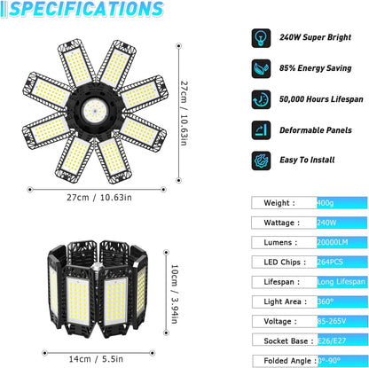Garage Light 4 Pack - 240W 24000LM 6500K Garage Lights Ceiling LED with 8+1 Deformable Panels, E26/E27 Screw Socket in LED Shop Light for Workshop, Basement, Gym, Barn, Warehouse etc Bay Lighting
