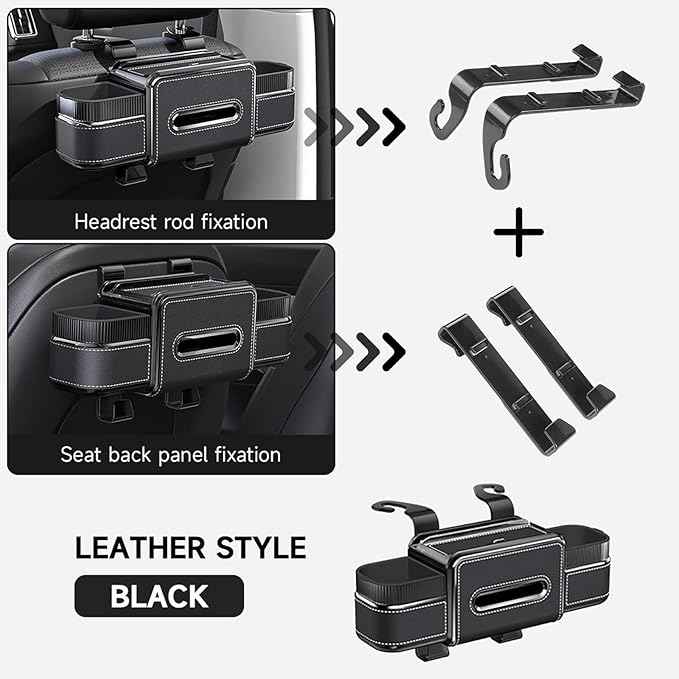 Multifunctional Car Seat Back Organizer Box with Drink Cup Holder, Makeup Mirror, Tissue Box& Hooks for Car Seat Back, New Upgrade Car Headrest Backseat Organizer Suitability for Wife, Girlfriend