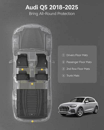 3W Floor Mats & Cargo Liner Custom Fit for Audi Q5/SQ5 2018-2024 2025 (Include Sportback 2021-2025) TPE All Weather Heavy Duty Floor Liner 1st and 2nd Row Full Set Car Trunk Mats