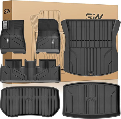 3W Tesla Model 3 Floor Mats 2026 2025 2024 with Mental Pedal, Full Set with Cargo Liner, Highland All Weather Custom Fit Rear Trunk Mat Accessories Black