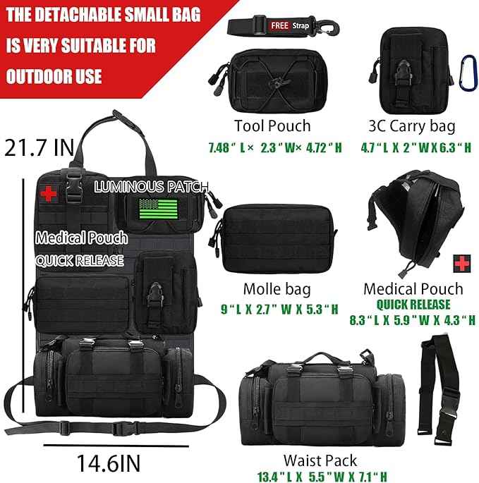 7 PACK Tactical Seat back organizer Truck organizer With 6 Detachable Pouches Universal For Car Truck Ford Jeep Military-Grade Heavier Panels With Multi-functional Packs (Black)