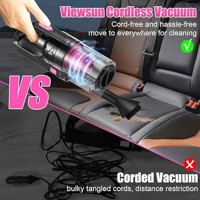 Viewsun Car Vacuum Cordless Rechargeable, 8000PA High Power Handheld Vacuum Cleaner with 17PCS Car Cleaning Kit, Pink Auto Accessories for Women Gift