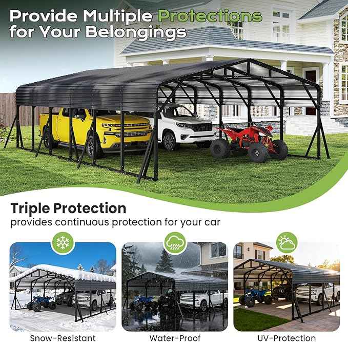 20x30FT Heavy Duty Metal Carport, Outdoor Portable Car Garage w/Reinforced Support Rods & Windproof Ground Anchors, All-Season Versatile Outdoor Shelter for 3 Car, Boats, Truck