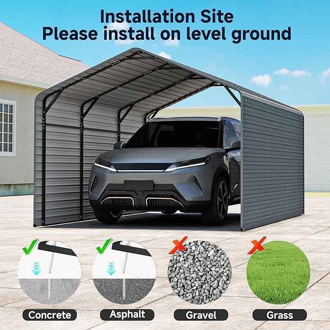 10x15FT Heavy Duty Metal Carport,Outdoor Garage with Metal Side Panels, Enclosed Car Ports with Heavy Duty Steel Frame and Galvanized Roof for Cars and Boats, Equipment Storage,Tools, Gray