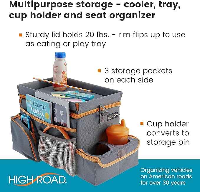 High Road CarHop Car Seat Organizer for Kids and Adults with Cup Holder Tray, Side Pockets and Cooler Compartment (Medium, Gray)