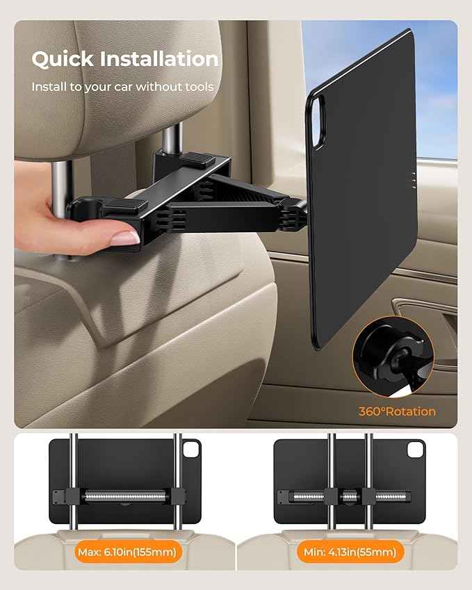 KU XIU Magnetic Wireless Charging Car Headrest Tablet Holder for iPad Pro 13'' M4/M5 Only, Tablet Car Back Seat Mount for Kids, Road Trip Essentials Trave Holder with Air Vent Stand, 2M USB-C Cable