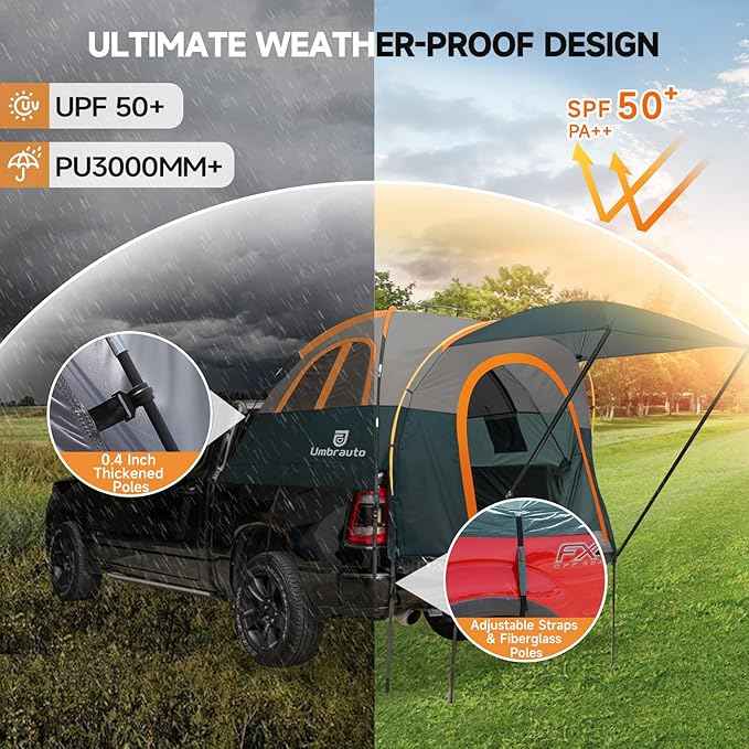 Umbrauto Truck Bed Tent with Awning: 5.5-5.8FT PU3000mm Waterproof Tailgate Pickup Truck Tents, Easy Set-up for 2 Person, Fits Full Size Short Bed, Chevy, Dodge, Ford, GMC, Green