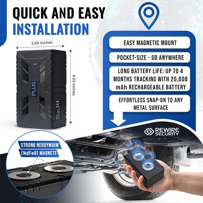 REWIRE SECURITY 104-Plus 4G Magnetic GPS Tracker for Vehicle | Easy Mount | Fits with Car, Truck, Van & Motorbike | Portable Live Tracking | Up to 4 Month Battery Life | Low Cost Subscription Plans