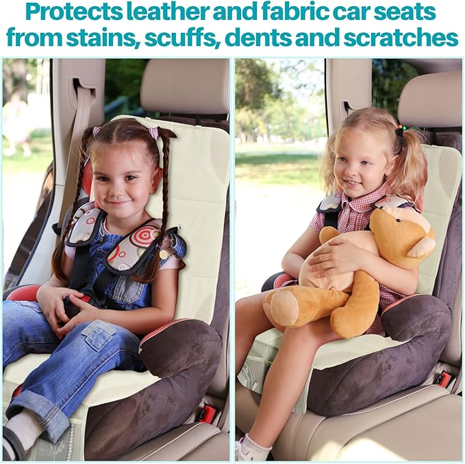Aurelema 2 Pcs Car Seat Protector with Non-Slip Backing and Mesh Pockets 600d Fabric Child Car Seat Covers Waterproof, Durable for Baby and Pet, Sedan SUV Truck (Beige)
