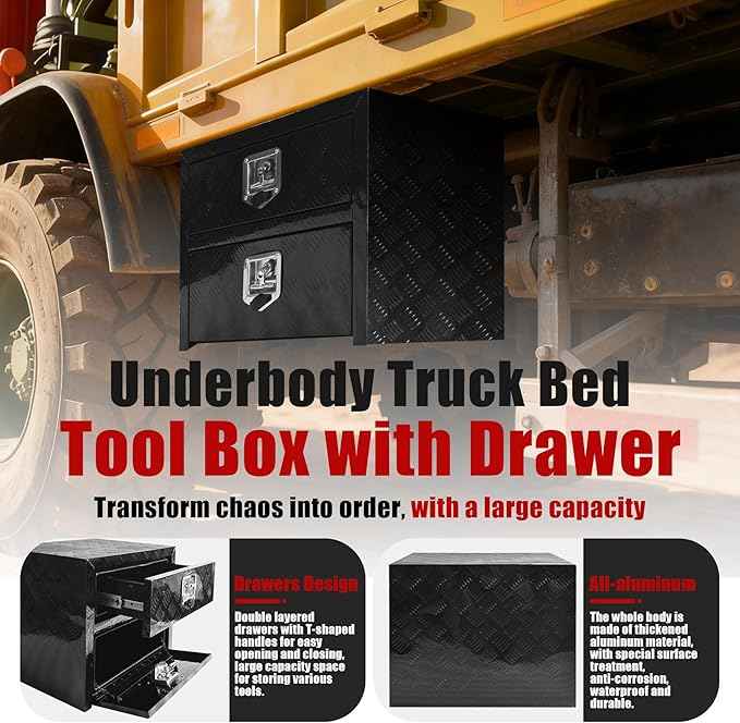 Underbody Truck Tool Box 24"x 18"x 20" Heavy Duty Double-Layer Aluminum Truck Bed Toolbox with Drawer and Lower Door Tools Storage Organizer with Lock and Keys Suitable for Truck Bed Pickup RV Trailer