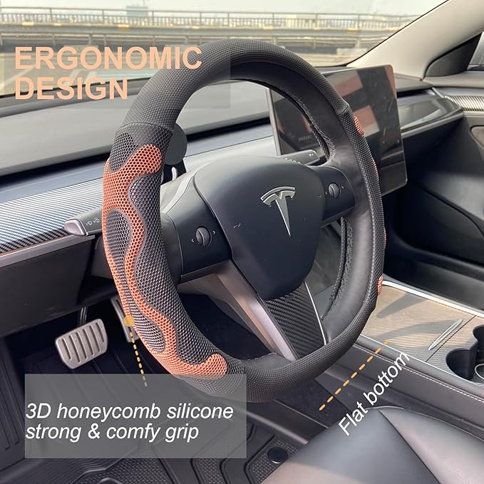 PINCTROT Comfy Grip Steering Wheel Cover for Tesla Model Y/3 2016-2025 2026 Standard/Highland/Juniper, D Shaped 14 Inch Small Sized, Flat Bottom with 3D Honeycomb Anti-Slip Design (Comfy Grip Brown)