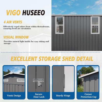 10x12x6.7FT Outdoor Storage Shed, Galvanized Steel Garden Shed with Lockable Door & Window, Waterproof Metal Tool Storage for Garden, Backyard, Patio, Lawn(Grey)