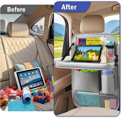 Car Backseat Organizer with Tablet Holder,6 Storage Pockets Car Storage Organizer with Foldable Food Tray,Kick Mats Backseat Protector Travel Accessories (Grey)