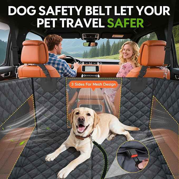 Large PU Dog Car Seat - Waterproof Dog Back Seat Cover with 3 Mesh Windows - Hard Bottom Extender, Safety Belt, Non-Slip Hammock for SUV, Truck, Car