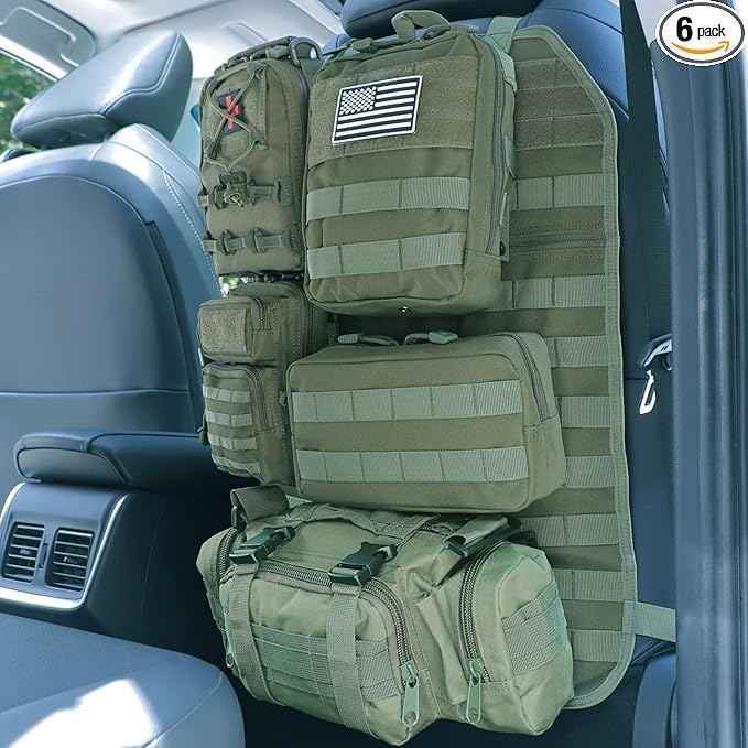 Universal Tactical Car Seat Back Organizer Bag Tactical Molle Vehicle Organizers Panel Vehicle Protector Organizers with 5 Detachable Pouches for Car Truck Ford Jeep (Model A-Army green)