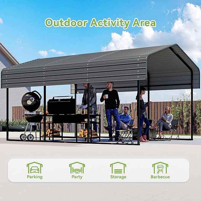 10x15FT Metal Carport,Heavy Duty Carport with Reinforced Frame and Galvanized Steel Roof, Outdoor Garage Shelter Shade Car Port for Pickup Trucks, Boats, Cars & Tractors, Farm Tools, Party, Gray