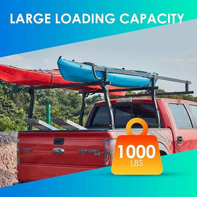 POLESTAR Full Size Steel Truck Ladder Rack, 1000lbs Universal Over-Cab Truck Bed Rack, 45 to 66inch Adjustable Non-Drilling Pickup Contractor Trailer Ladder Rack for Pickup Truck Kayak, C-Clamp Design