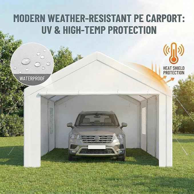 COBIZI 10x20 FT Heavy Duty Carport with Galvanized Frame, Carport Canopy with Roll-up Windows, Storage Tent with Removable Sidewalls & Doors, Built-in Sandbags for Car Boat Truck, White