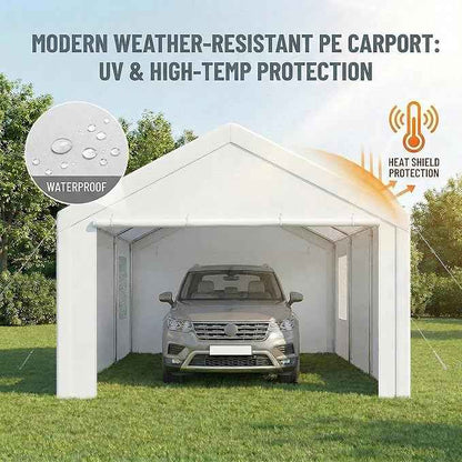 COBIZI 10x20 FT Heavy Duty Carport with Galvanized Frame, Carport Canopy with Roll-up Windows, Storage Tent with Removable Sidewalls & Doors, Built-in Sandbags for Car Boat Truck, White