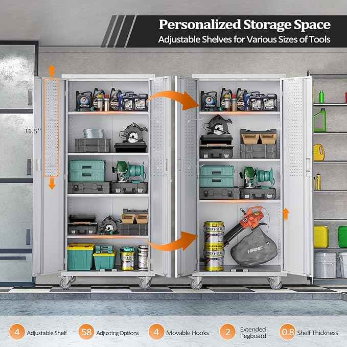 VINGLI 72'' Tall Garage Storage Cabinet, Metal Storage Cabinet with Pegboards, Wheels, Locking Doors and Adjustable Shelves (Gray, 32''W x 16''D x 72''H)