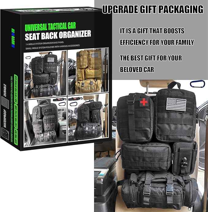 7 PACK Tactical Seat back organizer Truck organizer With 6 Detachable Pouches Universal For Car Truck Ford Jeep Military-Grade Heavier Panels With Multi-functional Packs (7 PACK -BLACK)