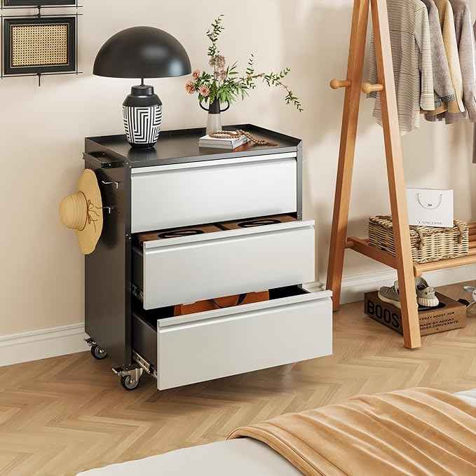 Aobabo Garage Storage Cabinet with 3 Drawers and 4 Hooks,Metal Storage Cabinet with Wheels for Garage Home,Required Assembly,Black&Silver,18.11" D x 30.3" W x 35.4" H