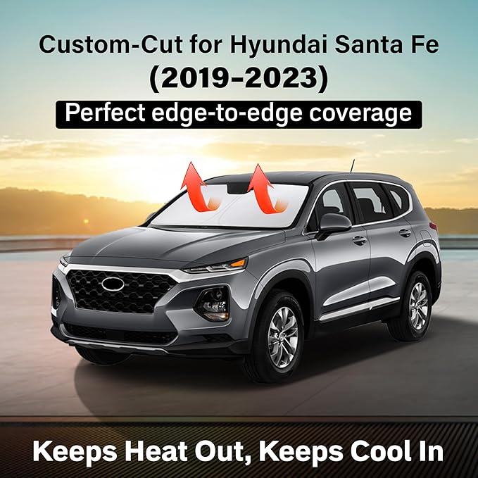 EcoNour Windshield Sun Shade Compatible for Hyundai Santa Fe 2019–2023 | SUV Front Window Sunshade | Foldable Sun Visor Protector | Blocks UV Rays & Keeps Cabin Cool