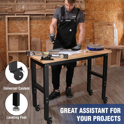 WORKPRO Garage Workbench, 48"X22" Adjustable Workbench with Wheels and Leveling Foot, Rubber Wood Top Work Desk with Power Outlets, 1500 LBS Workbenches for Garage, Workshop