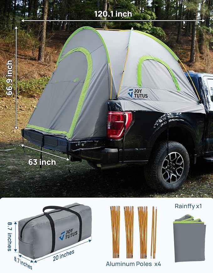 JOYTUTUS Pickup Truck Tent 8ft 2.0, Waterproof PU2000mm Double Layer for 2 Person, Portable Truck Bed Tent with Rainfly - Green, Aluminum Pole