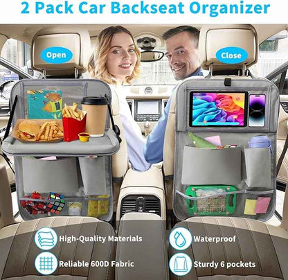 Car Backseat Organizer with Tablet Holder, 6 Storage Pockets Foldable Table Food Tray Seat Back Protectors Kick Mats Travel Accessories, 2 Pack Grey