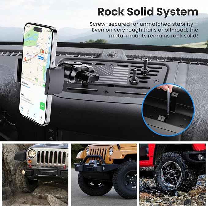 Upgraded Metal Phone Mount Compatible with Jeep Wrangler JK JKU 2018 2017 2016 2015 2014 2013 2012 2011 Accessories, Dash Phone Holder with Duck Mounts System Kit