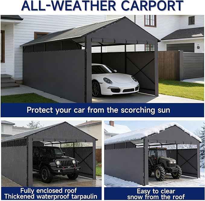 22x11 FT Heavy Duty Metal Carport with Oxford Cloth Enclosure,Reinforced Frame&Steel Roof for All-Weather Use,for Pickup Trucks,Outdoor Storage Canopy(Black)
