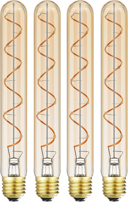 Vintage LED Spiral Filament Bulb T10, 8.9inch Long Tubular Dimmable Edison Light Bulbs,E26 Base,Amber Glass,Warm White,2200K, 400LM(40W Equivalent), Pack of 4