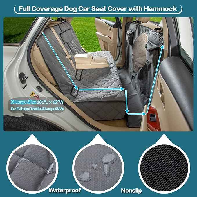 Car Seat Cover for Dogs with Mesh Window, Bench and Hammock Combination - Detachable, Suitable for Most Vehicles (Grey, X-Large)