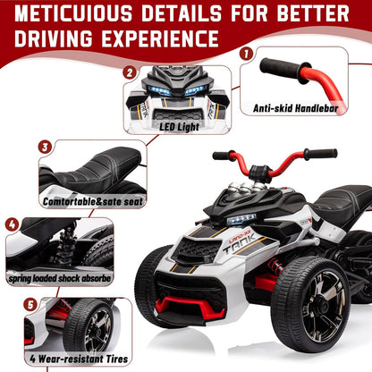 12V Kids Electric Ride-On Car with Parent Remote Control, 7MPH, 2 Speeds, 2x55W Motor, LED Lights, Music, USB & EVA Tires, 3 Wheel Battery Powered Toy Vehicle for Toddlers (White1)